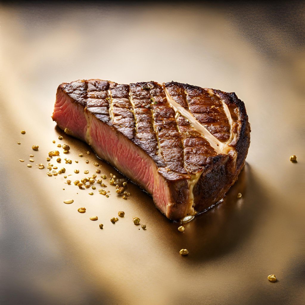 Steak laying on a table with a knife stabbed into it and gold nuggets sprinkled around.